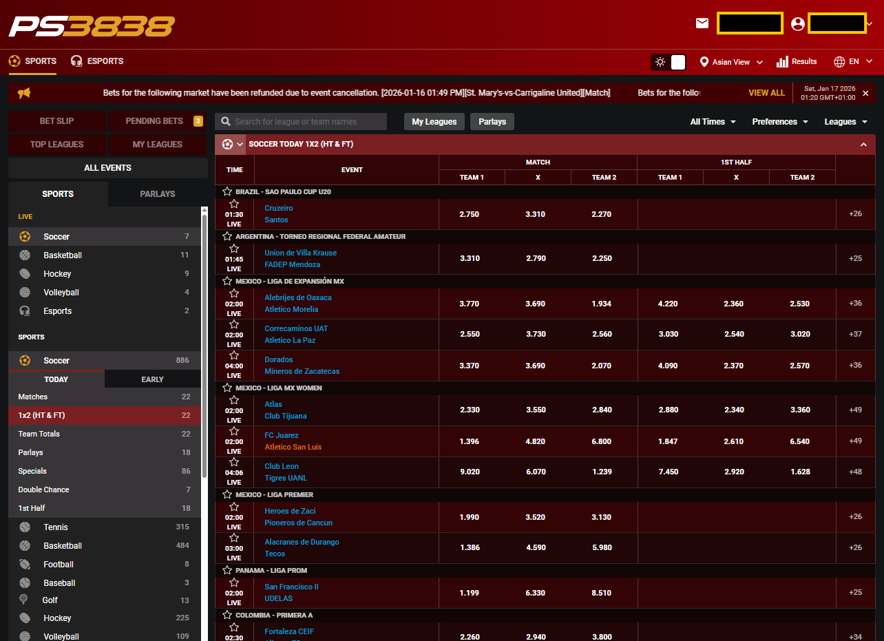 Interface PS3838 - écran de paris