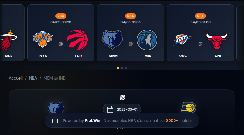 Page de match NBA sur ProbWin — MEM @ IND avec les logos, la date et le countdown