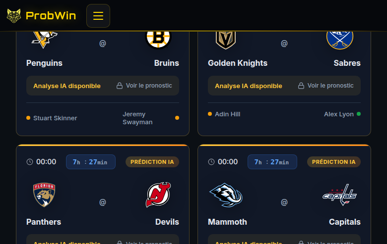 Cards de matchs NHL avec gardiens confirmés et badges Prédiction IA